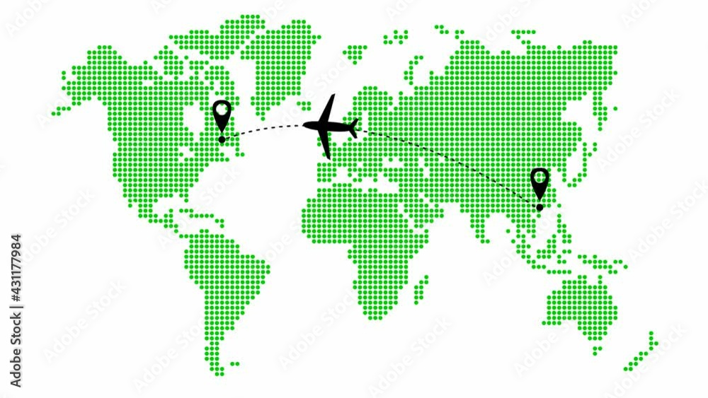 Animated the plane flies along a trajectory from Asia to America. Airplane travel. Airplane fly from right to left. Green world map from point pattern on a white background. Animated the plane flies along a trajectory from Asia to America. Airplane travel. Airplane fly from right to left. Green world map from point pattern on a white background.