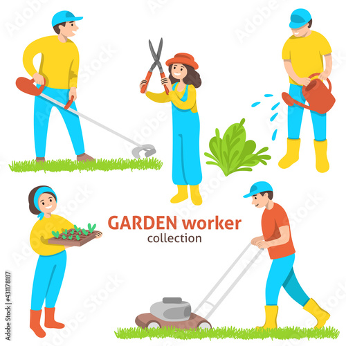 Collection of people of garden workers in different poses with garden tools and equipment. Garden service. Care of plants and the territory. Vector illustration on a white background.