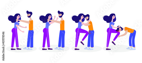 Self-defense. Self-defense technique for a woman. Lesson for girls. How to save from bullies. Vector educational illustration.