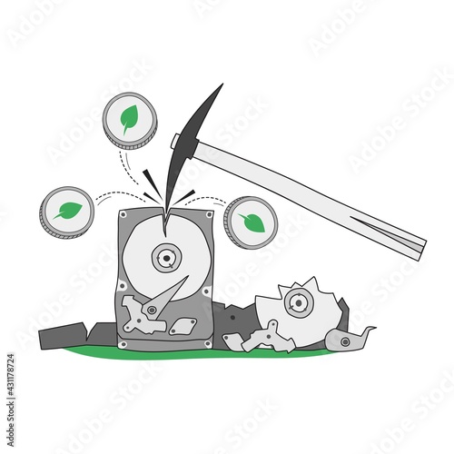 Mining Chia cryptocurrency using a hard drive. Pickaxe smashes the hard drive from which Chia Coin coins fly out. Chia cryptocurrency mining concept. Hand-drawn illustration for business and banks