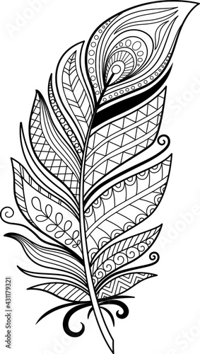 Doodle Feather coloring book page. Antistress for adults and children. Zentangle black and white illustration