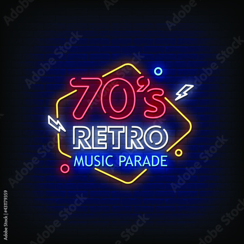 70's Retro Music Parade Logo Neon Signs Style Text Vector
