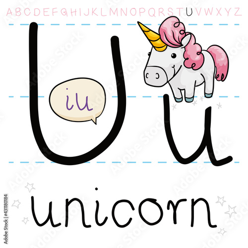 Cute and Magic Unicorn Teaching the Letter U of the Alphabet, Vector Illustration