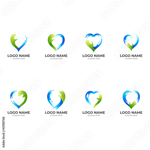 set water care logo, love, hand and water, combination logo with 3d blue and green color style