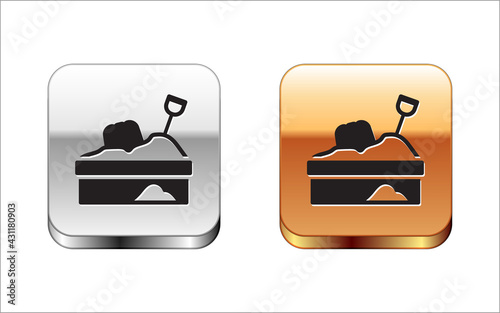 Black Sandbox with sand icon isolated on white background. Silver and gold square buttons. Vector