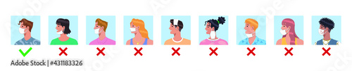 Correct ways to wear face mask. How to wear your mask properly. Mistakes people make when wearing mask guidelines vector illustration.