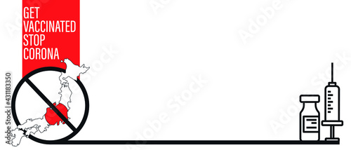 Japan Concept. Map Template. Coronavirus and Vaccine concept. Prohibited sign. Wuhan coronavirus outbreak flu and pandemic concept banner flat style illustration background
