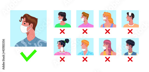 Correct ways to wear face mask. How to wear your mask properly. Mistakes people make when wearing mask vector illustration.
