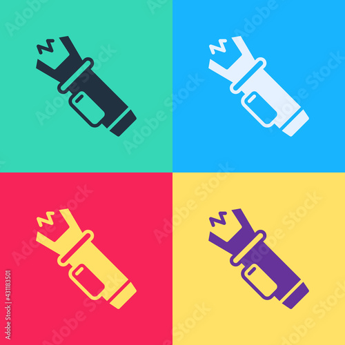 Pop art Police electric shocker icon isolated on color background. Shocker for protection. Taser is an electric weapon. Vector