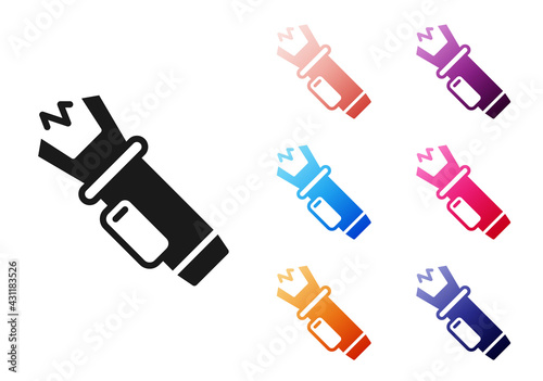 Black Police electric shocker icon isolated on white background. Shocker for protection. Taser is an electric weapon. Set icons colorful. Vector