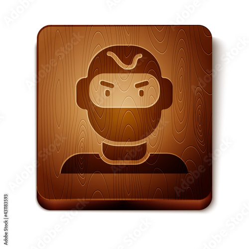 Brown Thief mask icon isolated on white background. Bandit mask, criminal man. Wooden square button. Vector