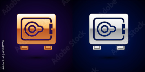 Gold and silver Safe icon isolated on black background. The door safe a bank vault with a combination lock. Reliable Data Protection. Vector