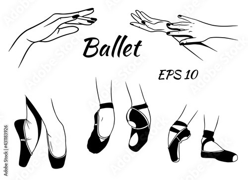 Ballet. Ballet shoes on the feet. Hands. Silhouette.