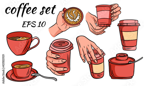 Set of coffee. Coffee to go and in a mug.Cartoon style.