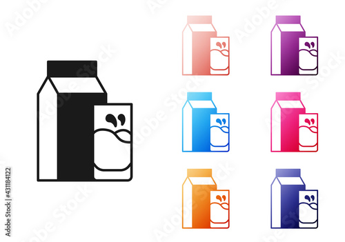 Black Paper package for kefir and glass icon isolated on white background. Dieting food for healthy lifestyle and probiotics fulfillment. Set icons colorful. Vector