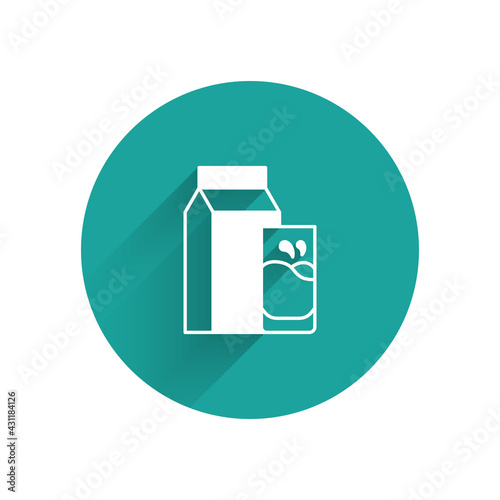 White Paper package for kefir and glass icon isolated with long shadow. Dieting food for healthy lifestyle and probiotics fulfillment. Green circle button. Vector