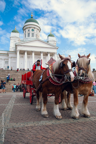 Finland, Helsinki - August 06, 2019: casual view on the Helsinki Senate Square street and architecture