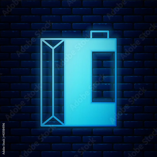 Glowing neon Paper package for kefir icon isolated on brick wall background. Dieting food for healthy lifestyle and probiotics fulfillment. Vector