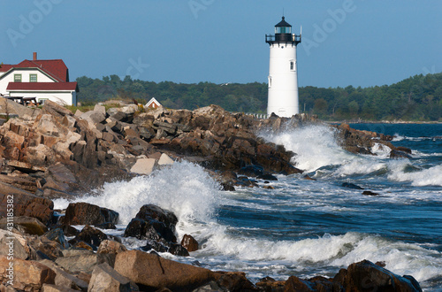 Waves Crash on Rocks by Portsmouth Harbor Lighthouse, by Fort Constitution in New Hampshire