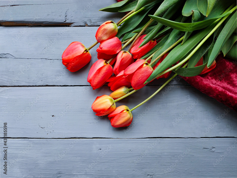 tulips on wood background