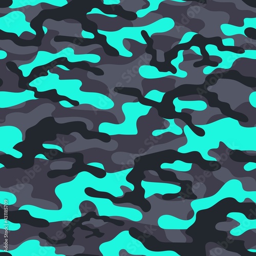 Camouflage blue seamless pattern. Trendy style camo, repeat print. Vector illustration. Khaki texture, military army green hunting