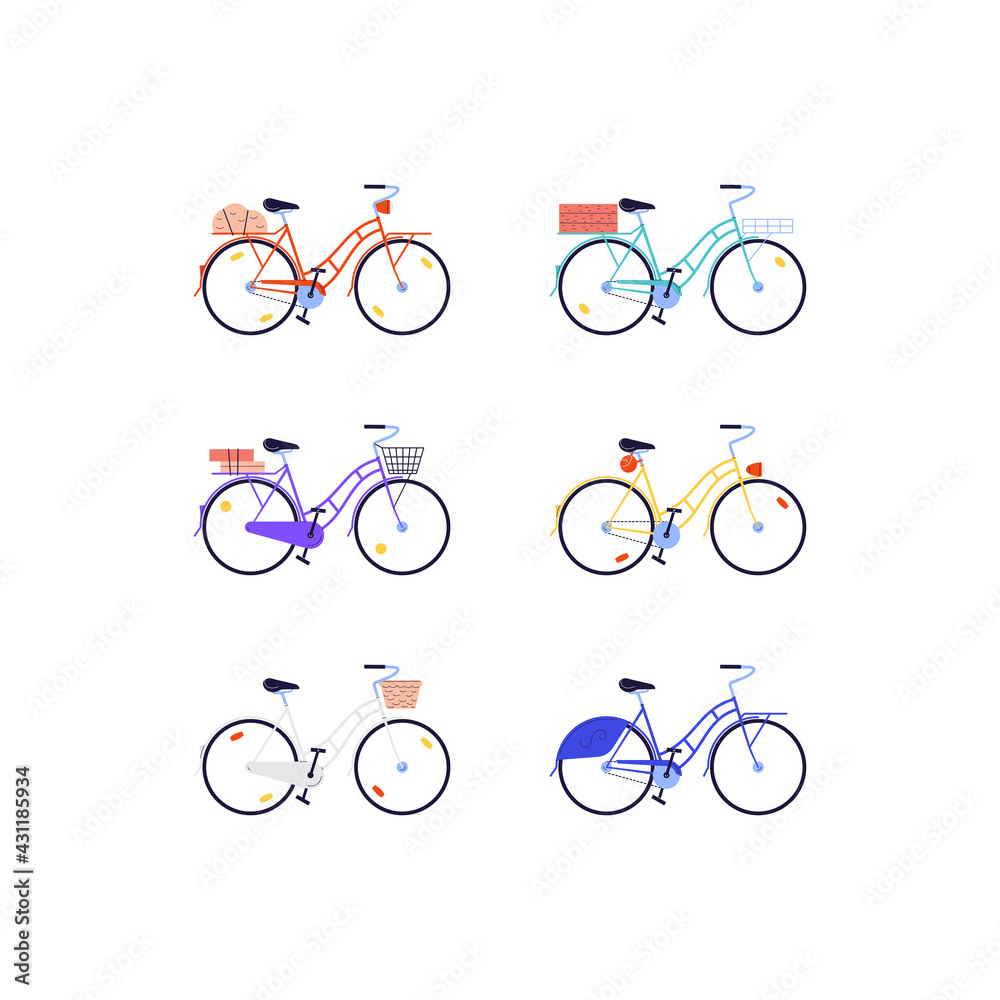 a set of flat illustration of city bicycles with a low curvy frame in different colors with different accessories