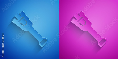 Paper cut Prosthesis leg icon isolated on blue and purple background. Futuristic concept of bionic leg, robotic mechanical leg. Paper art style. Vector