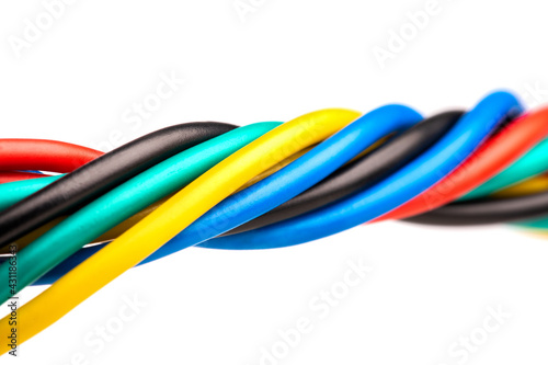 Close up of colorful electric cable on a white background