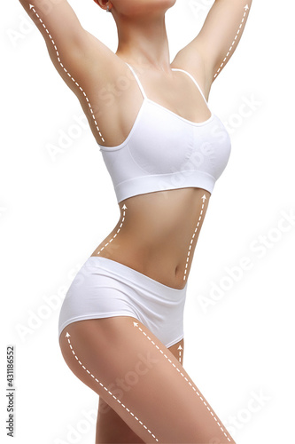  Dotted lines on beautiful female body. Closeup of woman slim fit body with white marks, isolated on white background