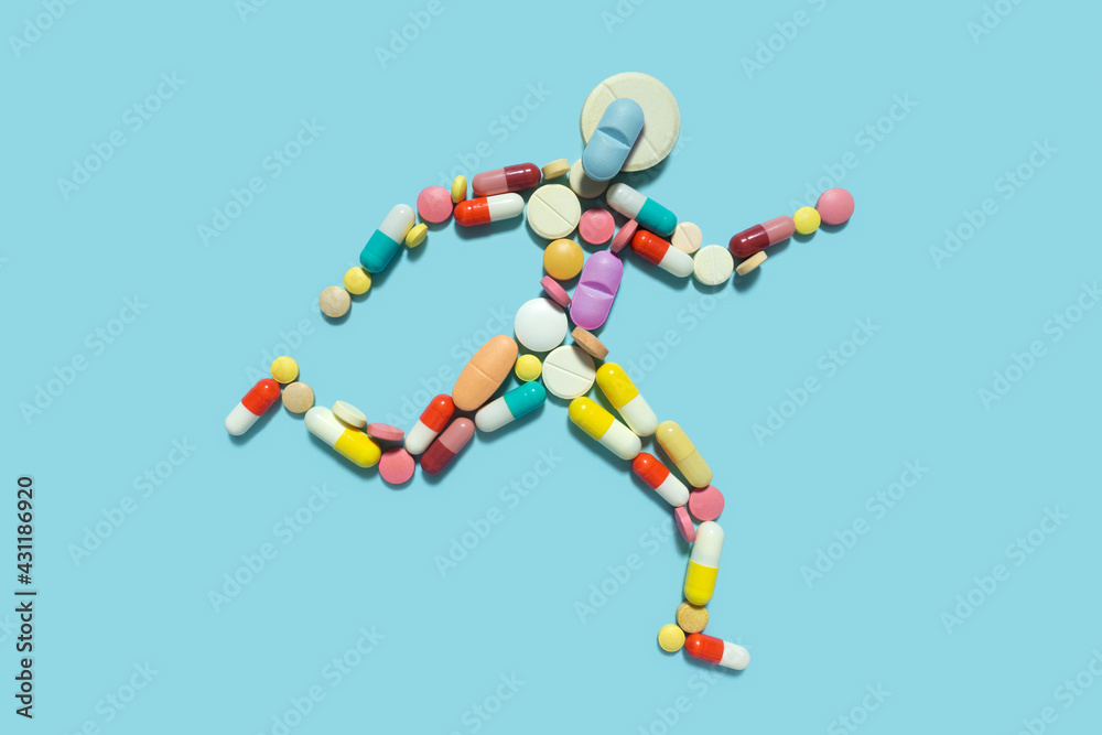 Creative medicine health sport concept photo of man person made of pills drugs running for doping. - obrazy, fototapety, plakaty 