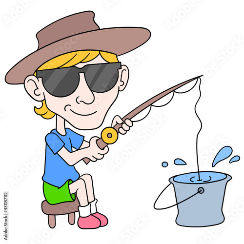 boy is enjoying a fishing vacation in a bucket of water, doodle icon image kawaii