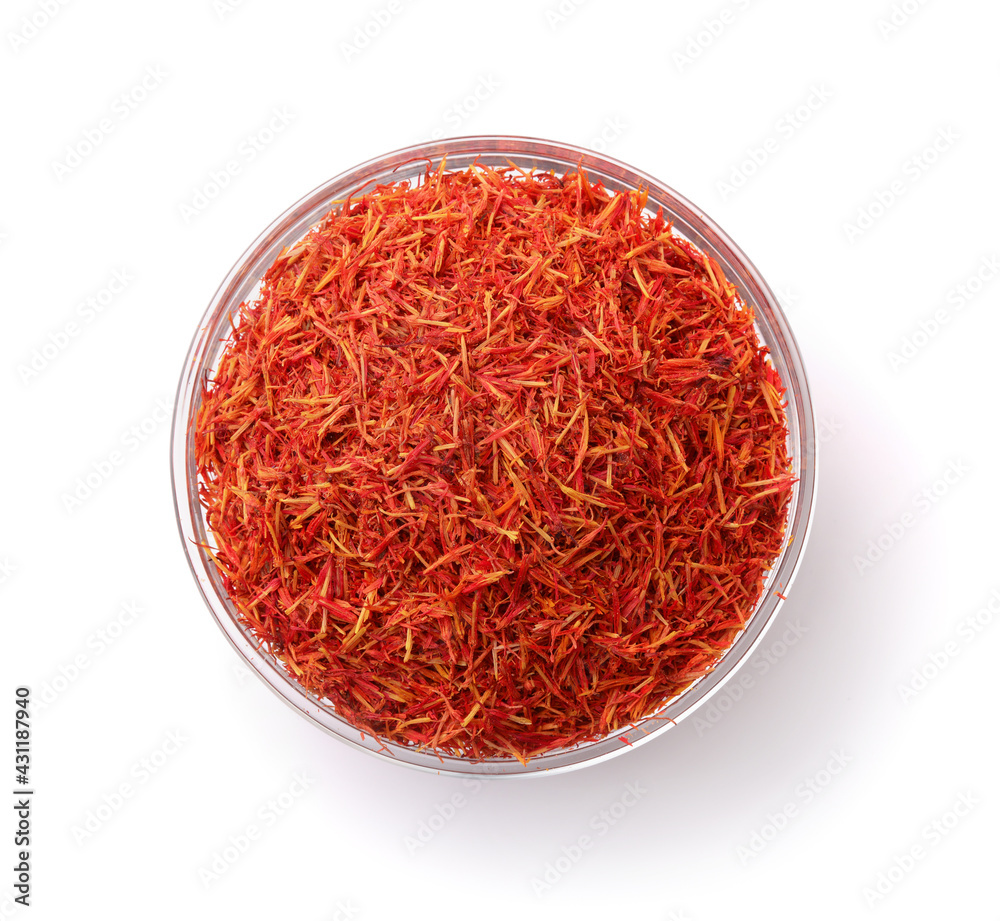 Top view of dried saffron threads in glass cup Top view of dried saffron threads in glass cup