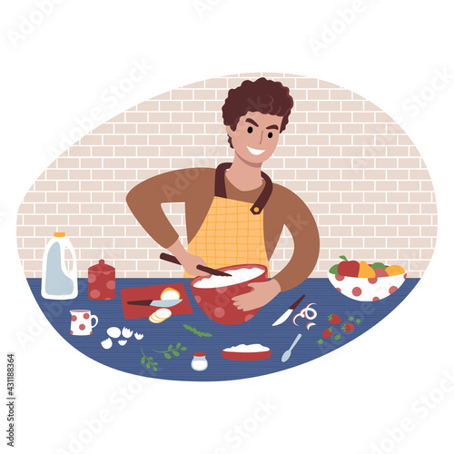 Young guy preparing a meal. Flat style illustration.