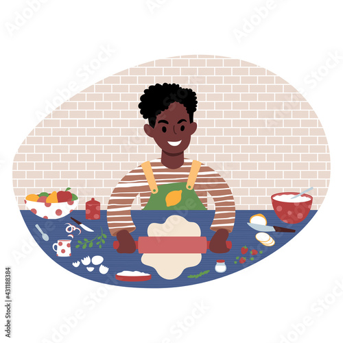 Smiling african boy preparing a meal. Flat style illustration.