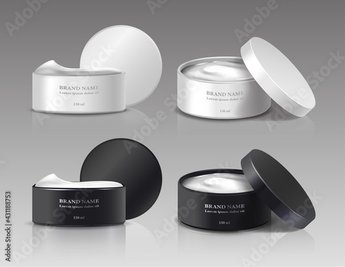 3d realistic vector collection of beauty cream jars with open lids in white and black color.