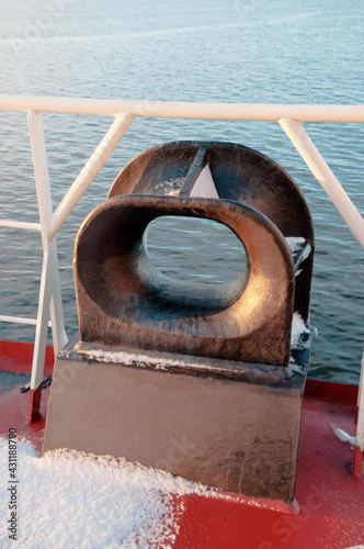 Mooring hawse on the deck of a large seagoing ship, for passing mooring lines from ship to shore photo