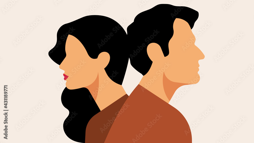 Unhappy couple having conflict. Abstract man and woman turned away from each other. Concept of misunderstanding, divorce, suspicion. Modern vector illustration.
