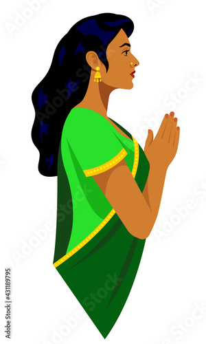 Beautiful Indian woman in traditional clothes - bright green sari. Female portrait, side view. Indian woman in traditional clothing with praying hands. Modern vector illustration on white background.