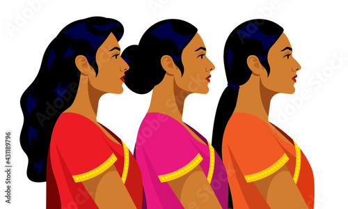 Indian women. Different beautiful Indian bright women in national clothes. Different hairstyles, garment, faces. Portrait side view, avatar. Modern vector illustration.