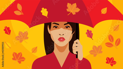 Woman under red umbrella. Beautiful brunette stands under an umbrella. Falling autumn leaves. Concept of walking  rain  bad weather  protection. Modern vector illustration for poster  banner  cover.
