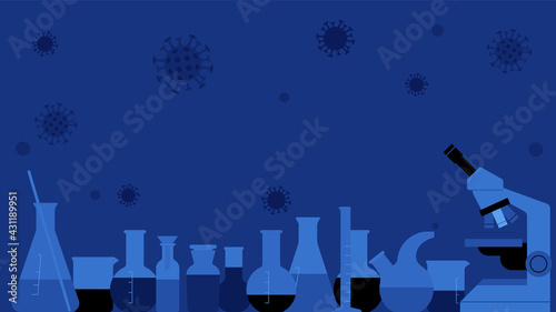Equipment for chemical laboratory. Glassware for experiments. Viruses in the air. Test tube, flasks tube and other measuring. Modern vector illustration for chemical or medicine experiment, research, 