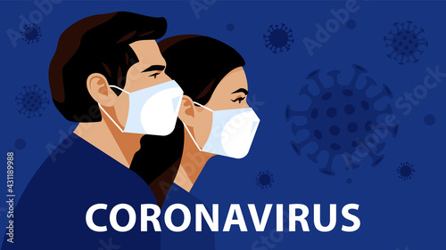 People in medical mask. Couple portrait, man and woman, side view. Concept of virus protection and prevention in The World. Modern vector illustration on social topic.
