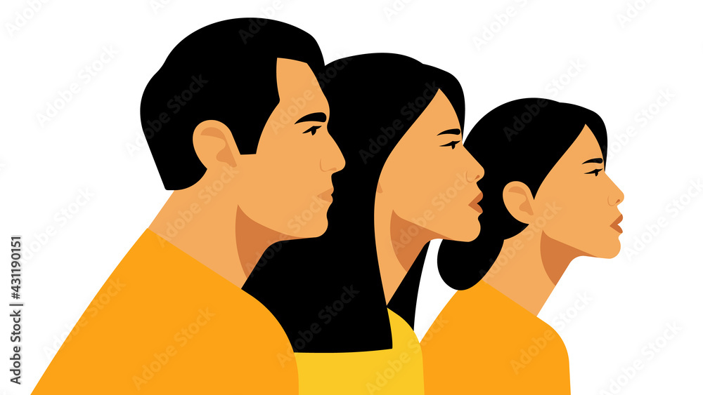 The Chinese. Chinese residents in yellow clothes - an adult man, a young girl, a mature woman. Group of people, team,side view, different ages. Chinese ethnicity. Vector modern illustration