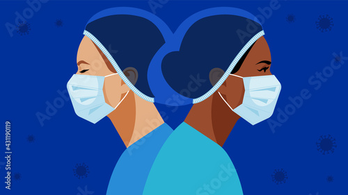 Nurses in medical mask and hat. Virus floating in the air. Medical staff are fighting a viral infection. Vector illustration of a nurse in blue uniform on a blue.