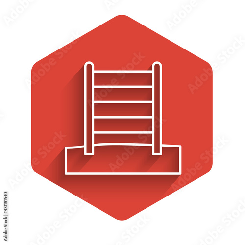 White line Wooden Swedish wall icon isolated with long shadow. Swedish stairs. Red hexagon button. Vector