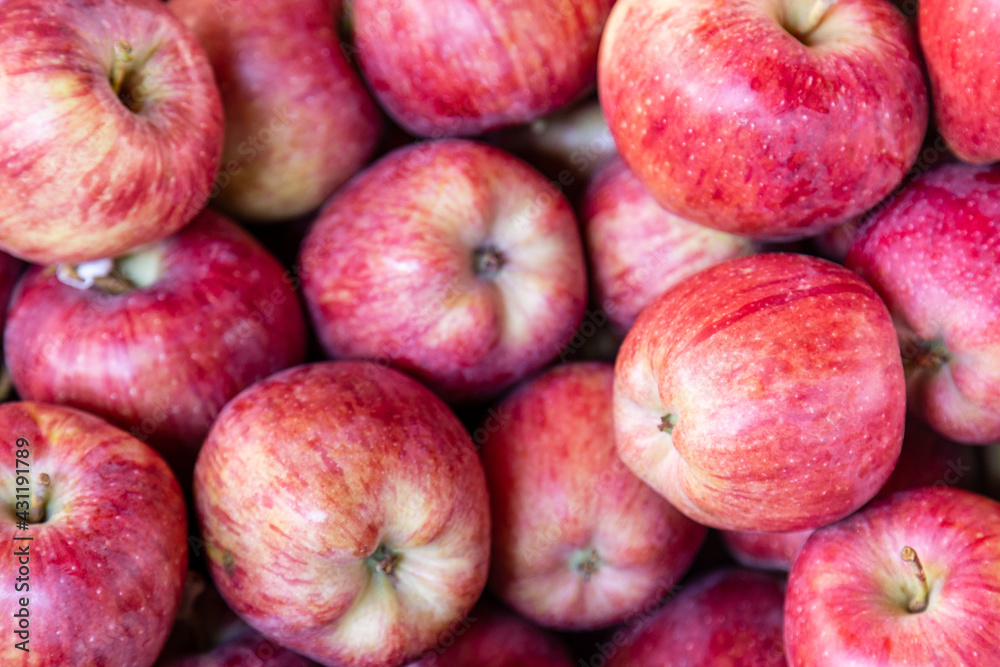 Apple ripe and red chief crop stacked on a framers market shelf. Authentic farm series. Apple ripe and red chief crop stacked on a framers market shelf. Authentic farm series.