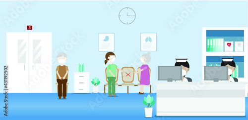 illustration of the interior of a hospital and  medical office in a hospital or clinic. a nurse working in nurse station and  patients stay nearing nurse station with a new normal.
