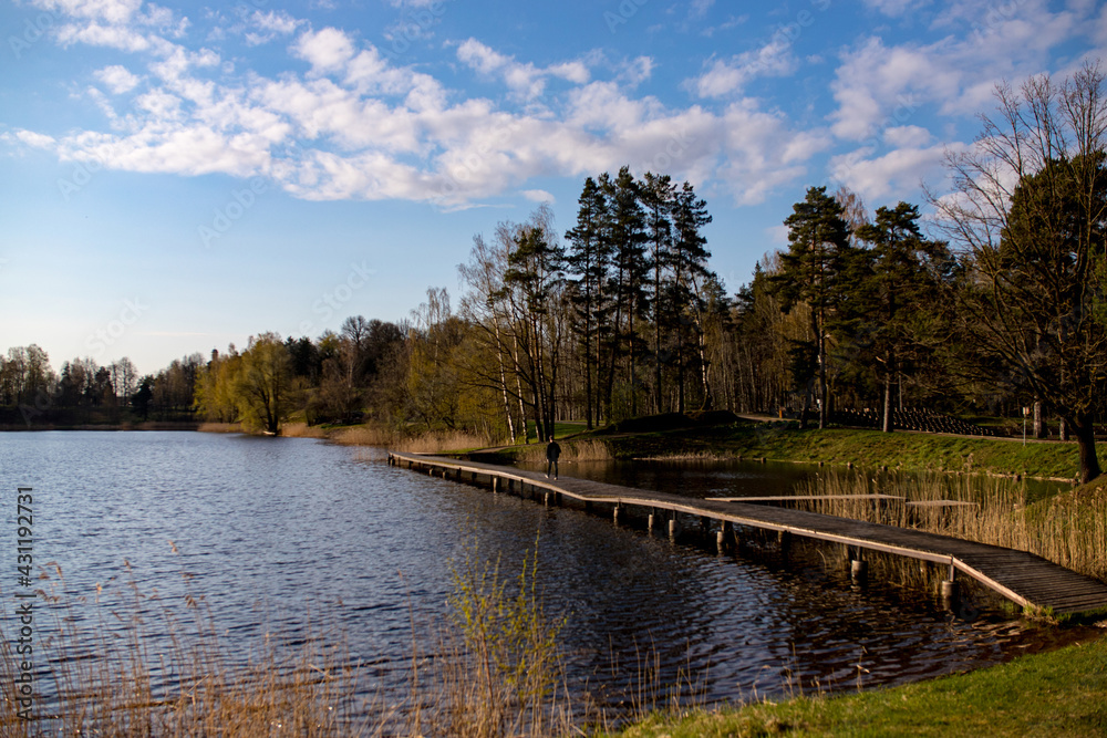 The river in the park. Footbridge on the river. Crooked wooden pathway on river shore, beautiful cloudy sky