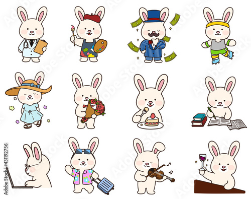Adorable hand drawn white bunny doing different activities outlined