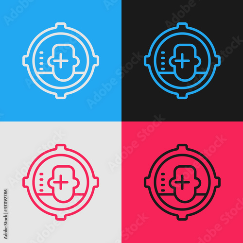 Pop art line Headshot icon isolated on color background. Sniper and marksman is shooting on the head of man, lethal attack, assault and assassination. Vector
